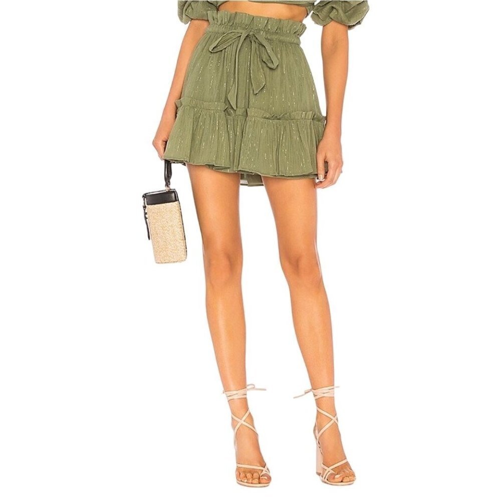 Majorelle Charlie Ruffled Mini Skirt in Green with Silver Threading Size‎ Large